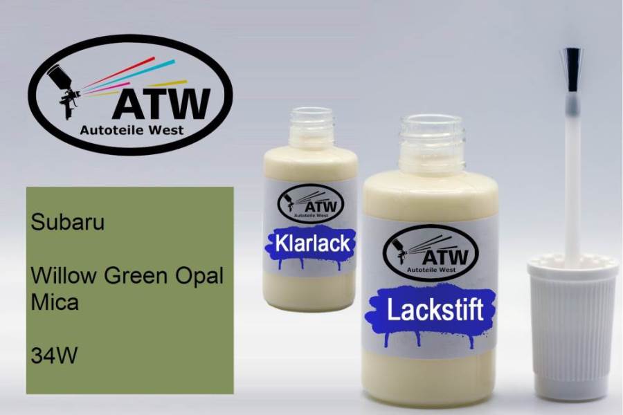 Subaru, Willow Green Opal Mica, 34W: 20ml Lackstift + 20ml Klarlack - Set, von ATW Autoteile West.